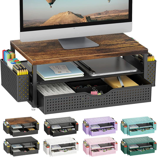 2-Tier gianotter Wood Monitor Stand Riser, Office Desk Shelf Organizer, Desk Organizer with Drawer and Pen Holder