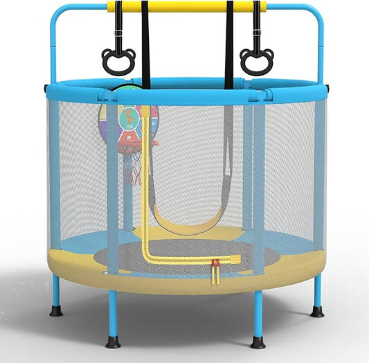 LANGXUN 60" Trampoline for Kids, 5ft Mini Toddler Indoor & Outdoor Trampoline with Net, Basketball Hoop & Dart Board, Birthday Gifts for Boys & Girls, Baby Toddler Christmas Toys (Blue & Yellow)