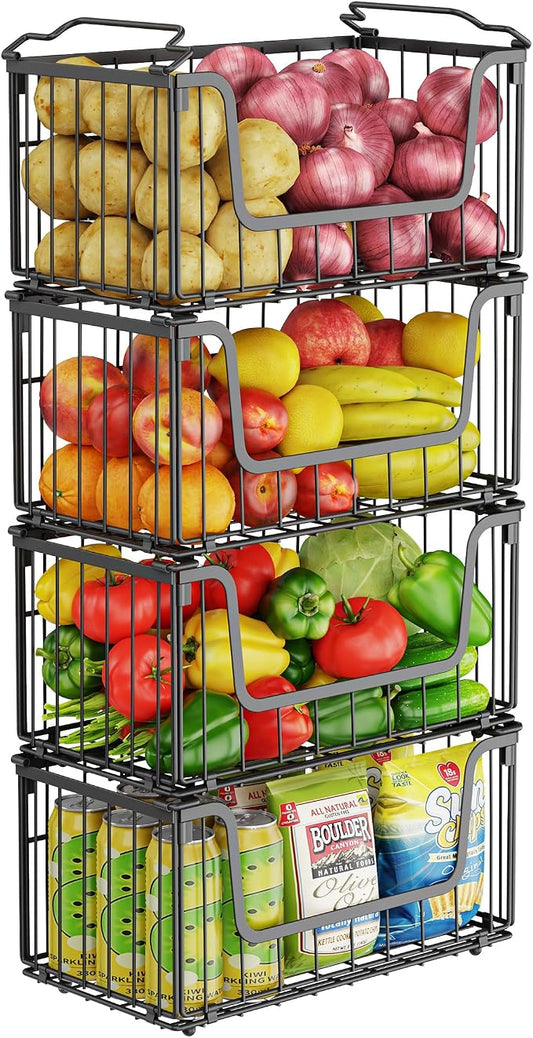 MSERCUOR 4 Pack Foldable Wire Basket for Pantry Organizers and Storage, Stackable Vegetable Fruit Basket for Kitchen Counter, Black Potato and Onion Storage Bin