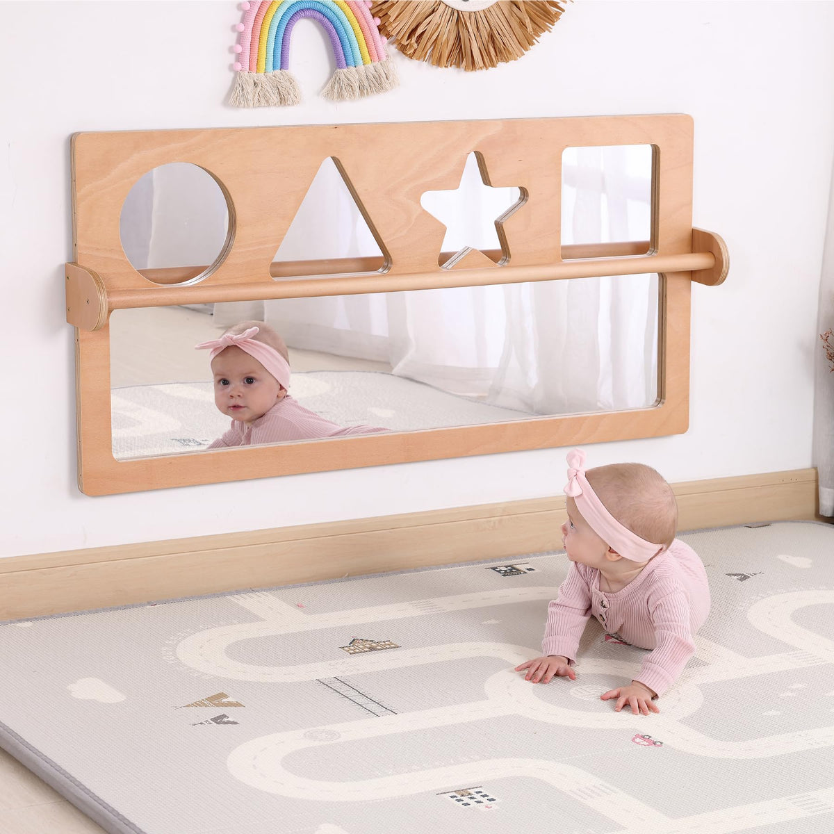 Bolocon Baby Shatter-Resistant Safety Mirror with Pull Up Bar, Infants Early Learning Exploration Set, Toddlers Montessori Furniture for Daycare, Preschool and Nursery