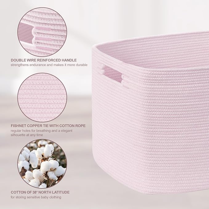 60L Small Baby Girls Laundry Basket for Nursery Storage,Cute Woven cotton Rope Baskets for Kids Toy，Gifts, Boho Square Wicker Blanket hamper for Living Room,Bedroom Dirty Clothes,Pink
