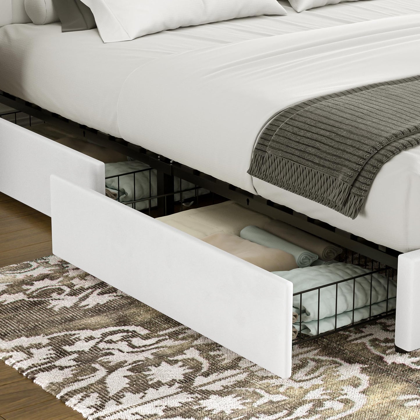 VECELO King Size Upholstered Bed Frame with 4 Drawers and Headboard, Velvet Platform Storage Bedframe, Wooden Slats Support, No Box Spring Needed,Snow-White