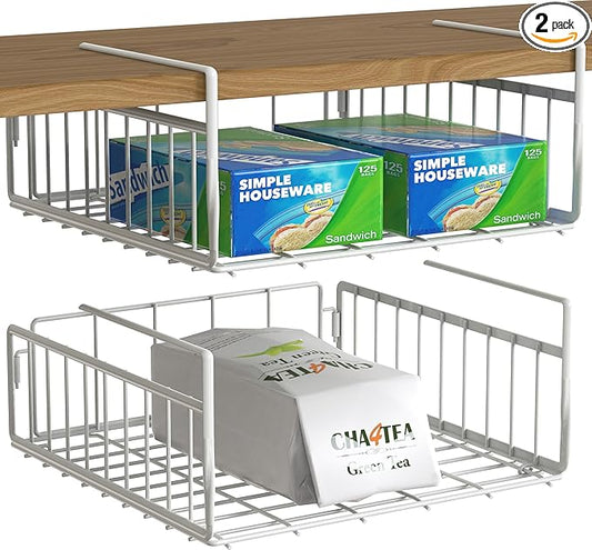 Simple Houseware Under Shelf Basket, White – 2-Pack Space-Saving Storage Organizer for Kitchen, Pantry, Closet, Office – Wire Metal Shelf Organizer, No Tools Required
