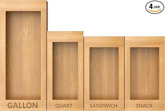 4-Size Bamboo Drawer Organizer for Food Storage Bags | Stackable Kitchen Organizer (Gallon/Quart/Sandwich/Snack) - Handcrafted with Natural Material