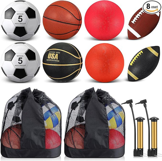 Deekin 8 Pcs Sports Balls Set for Adult Assorted Football Basketball Soccer Playground Balls Official Size with Bags Pumps Outdoor Sports Equipment Athletic Gift