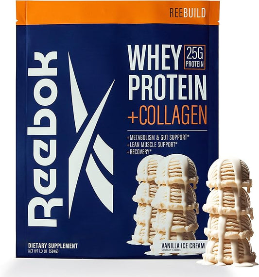 Reebok Whey Protein Powder + Collagen Peptides | 25g Protein with 9 Essential Amino Acids | Muscle Recovery, Joint & Gut Support | Informed-Sport Certified | ReeBuild Vanilla Ice Cream Flavor, 1.3 lb