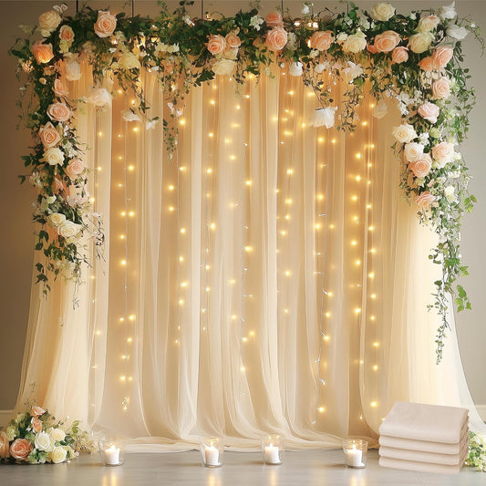 20FT 8FT (4 5x8FT) Fomcet Tulle Curtains with Lights String Champagne X Sheer Backdrop Curtains for Parties Wedding