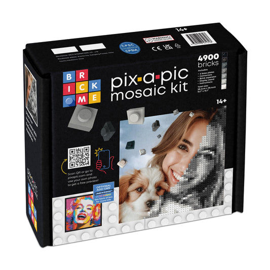 BRICK ME Pix-a-Pic Mosaic Kit, 4900 Bricks (15.1″ × 15.1″) | DIY Pixel Photo Mosaic with Shades of Gray, Black & White | Includes 4 Baseplates, Connector & Brick Separator