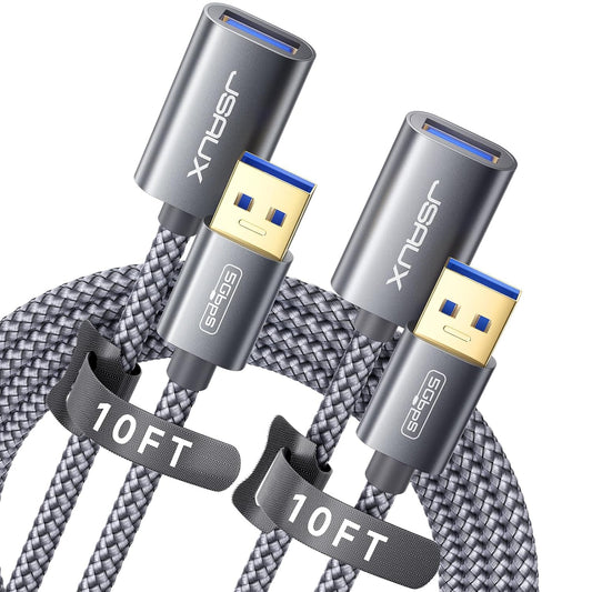2Pack 10FT+10FT 3.0 JSAUX USB Extension Cable, Type A Male to Female USB Extender Cord Nylon Braided Compatible