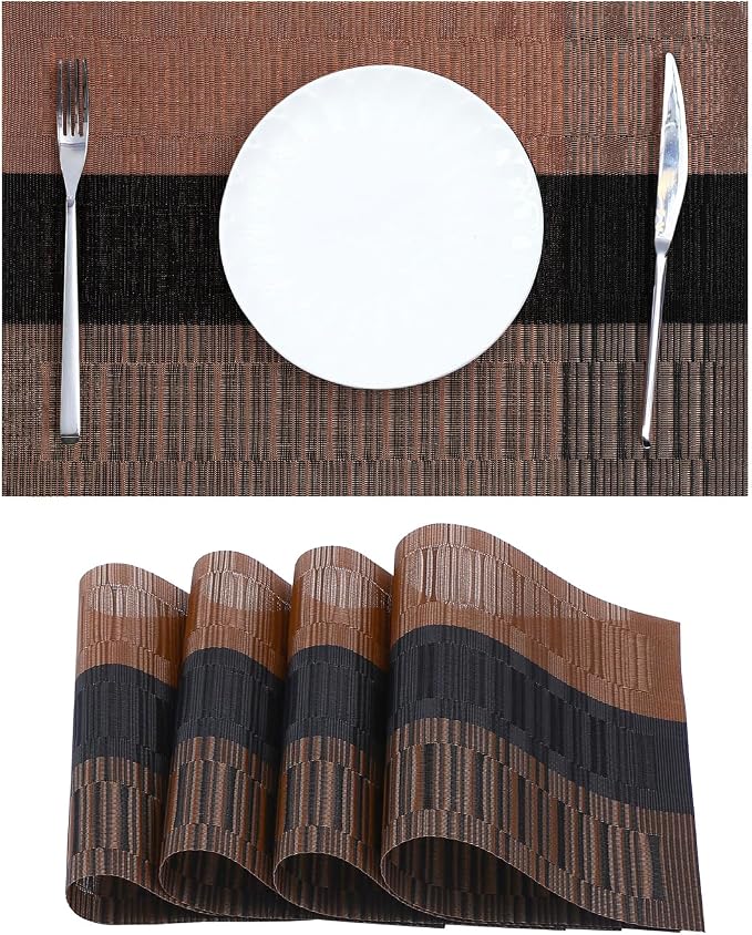 Leetaltree Brown with Black Striped Placemats Set of 4 - Heat Resistant Non-Slip Place mats for Dining Table, Washable Durable PVC Vinyl Woven Table Matsï¼Brown Stripe, 4ï¼