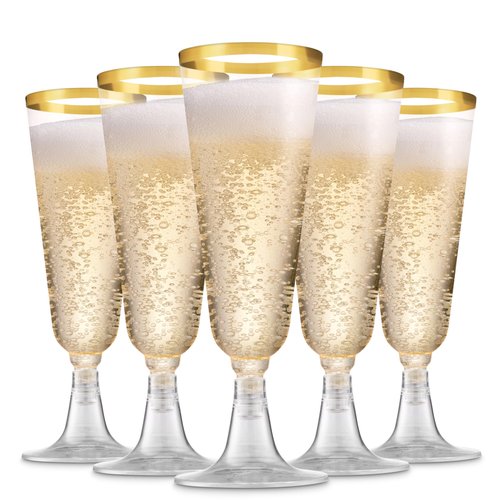 Munfix 100 Pack Gold Plastic Champagne Flutes, 5 Oz Clear Plastic Toasting Glasses Fancy Disposable Wedding Party Cocktail Cups with Gold Rim