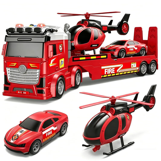 DWIRCTOYS Kids Toys for Ages 3 4 5 6 7 8 Years Old Boys, 25" Large Fire Semi Truck with Helicopter & Race Car, Friction Powered Vehicle with Lights & Sounds,Birthday Gift for Boys Girls