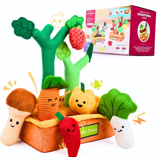 Baby Sensory Toys Plush Fruits and Vegetables, Plush Farm Developmental Toys 6-12 Months for Toddlers with Crinkle Rattle Squeaker Textures, 9 PCS Pull Out Fine Motor Skill Toddler Learning Toys