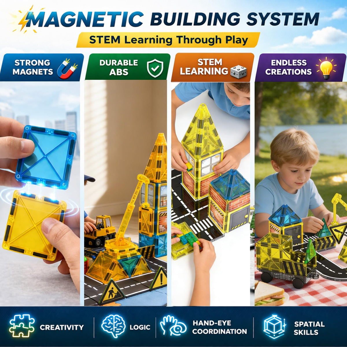 LATI Construction Magnetic Tiles City Set for Kids, Double-Sided Day & Night Building Blocks with Crane, Roads, Traffic Signs & Construction Vehicles, STEM Learning Toy for Boys & Girls Ages 3+