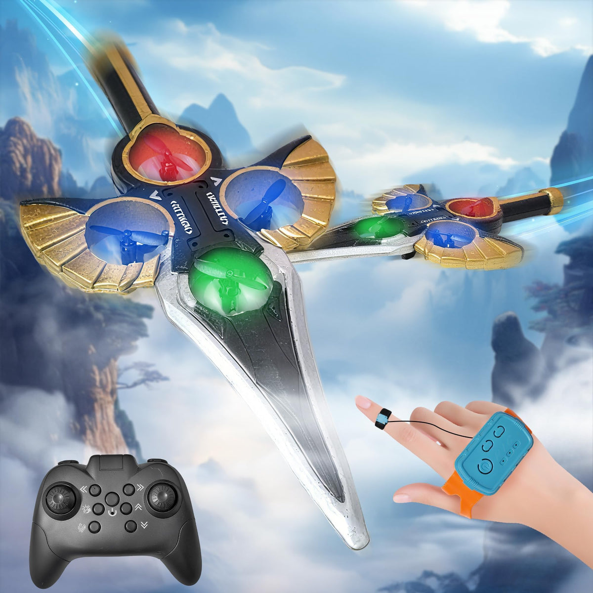 Virellia Flying Sword RC Airplane, Gesture Control Airplane for Kids Adult 8-16, Remote Control Drone Sword with Light, 360° Flip, Gravity Sensing, Stunt Roll, Gifts for Kids Boys Girls, Gold