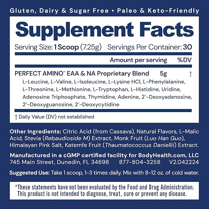 BodyHealth PerfectAmino Powder - BCAA and EAA Powder for Pre and Post Workout - Amino Acid Energy Drink for Men and Women to Support Lean Muscle and Recovery - Strawberry - 30 Servings