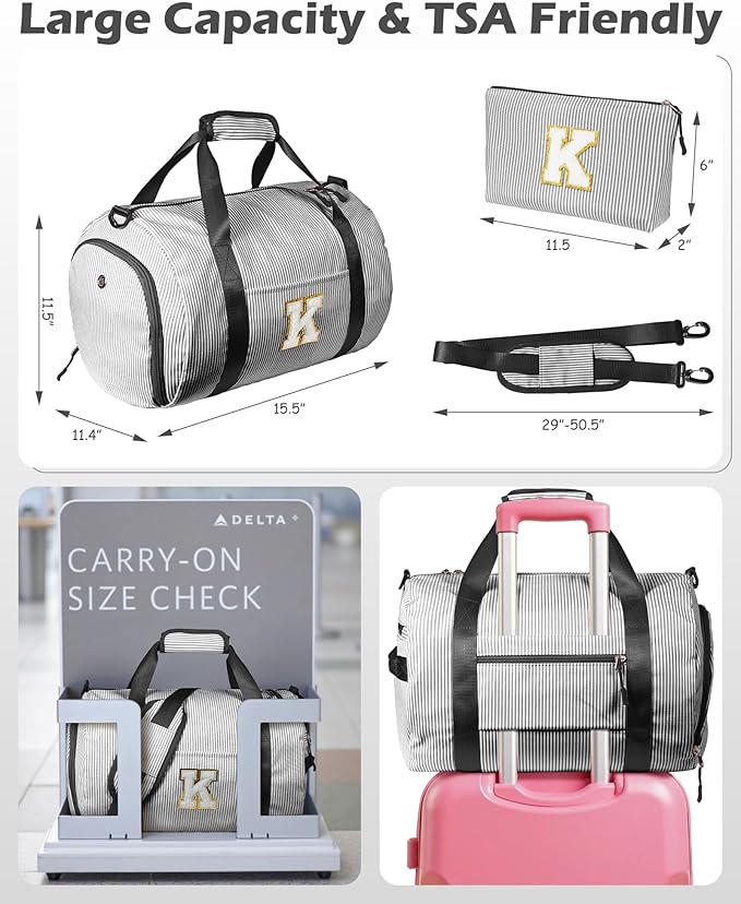Teen Girl Gifts Trendy Stuff, Girl Gym Bag, Kids Monogram Overnight Duffel Bags with Shoe Compartment, Personalized Travel Bag with Makeup Pouch, Preppy Things for Daughter (Letter E)