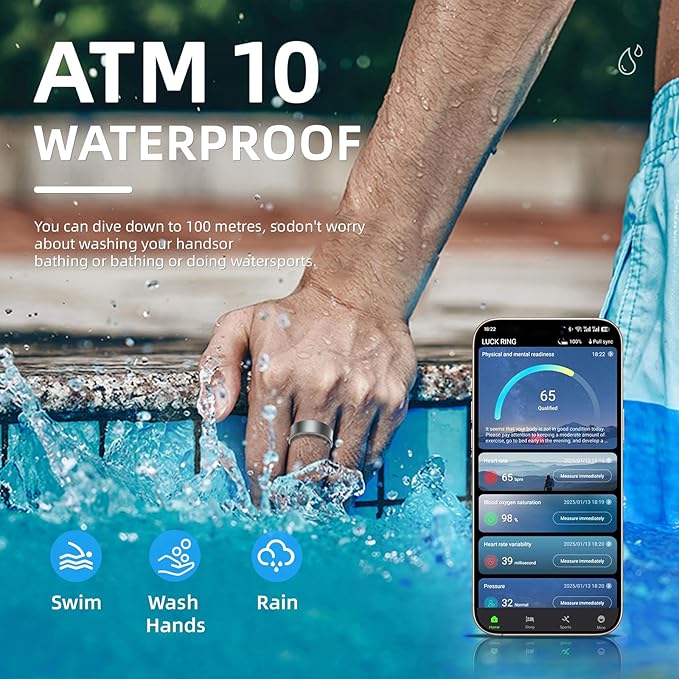 Smart Ring for Women Men, Health Fitness Tracker, 10ATM Waterproof Ring for iOS and Android, No Subscription Fee (Black, 10)