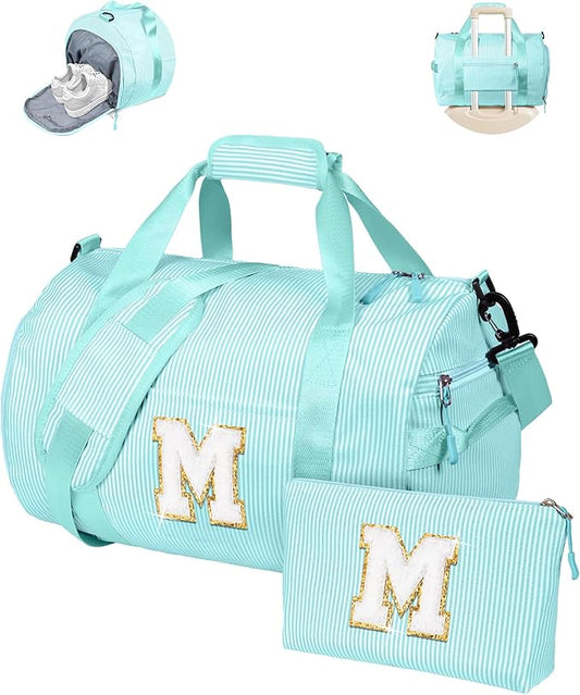 Gifts for 3 4 5 6 7 8 9 10 Year Old Girls, Girl Gym Bag, Kids Initial Overnight Duffel Bags with Shoe Compartment, Personalized Travel Bag with Makeup Pouch, Birthday Gift (Letter M)