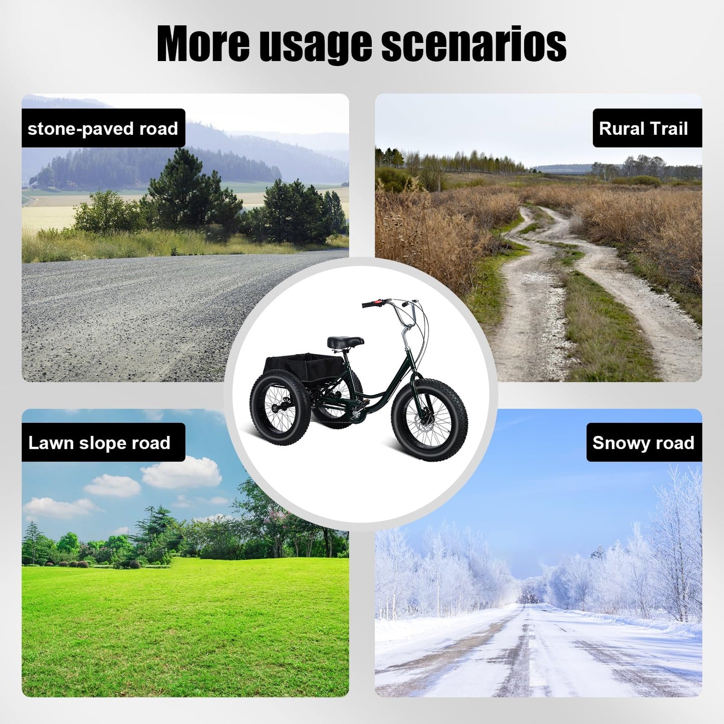 Fat Tire Tricycle, Adult 7-Speed Trike with 4-Inch Tires, Adjustable Seat & 450 lbs Weight Capacity, Large Shopping Basket with Waterproof Bag, 2 Disc Brakes for Gravel & Snow Roads Black 68"*34"