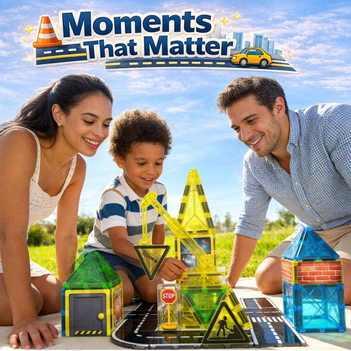 LATI Construction Magnetic Tiles City Set for Kids, Double-Sided Day & Night Building Blocks with Crane, Roads, Traffic Signs & Construction Vehicles, STEM Learning Toy for Boys & Girls Ages 3+