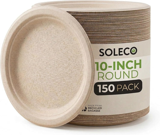 SOLECO Compostable Paper Plates - 10 Inch, 150 Pack | Heavy-Duty, Biodegradable & Heat Resistant Alternative to Plastic