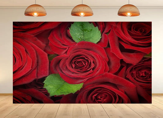 UPXIO 8x8ft Red Roses with Green Leaves Backdrop Romantic Floral Bouquet Photo Background Tapestry for Valentine's Day