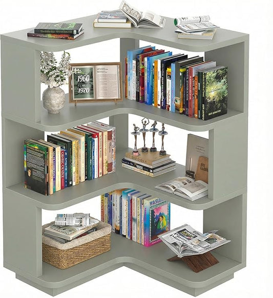 Armocity Corner Book Shelf - 4 Tier Corner Bookshelf Etagere Bookcase with Baffle, Freestanding L Shaped Display Shelf Stand for Home Office, Living Room, Bedroom, Kitchen, Crab Green