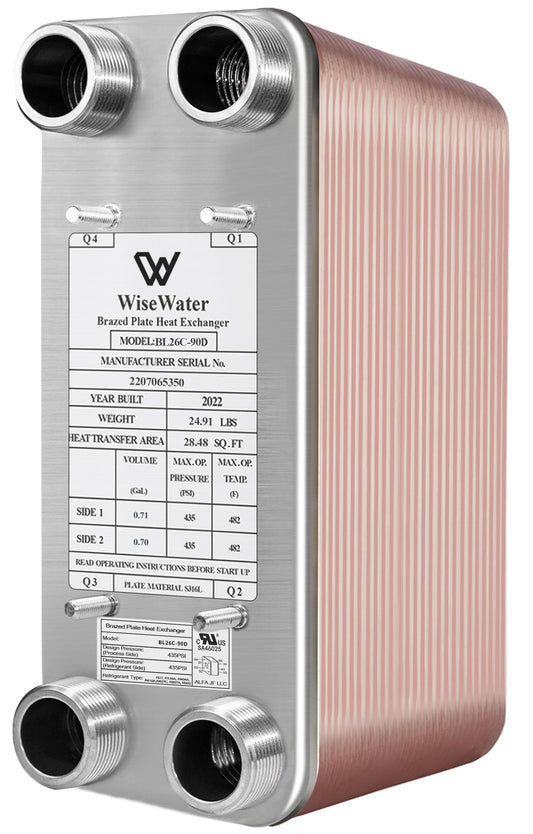 Brazed Plate Heat Exchanger Stainless Steel SS316L 5"x12" 90 Plates 1 1/4" MPT 1,100,000 BTU/hr Hydronic Heating