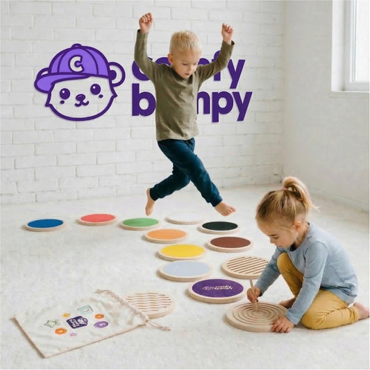 ComfyBumpy Wooden Stepping Stones for Kids | Set of 13 Montessori Stepping Stones for Toddlers - Double-Sided Stepping Stone Kit with Colors, Engraved Numbers and Shapes for Balance & Sensory Play
