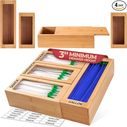 Storage Bag Organizer, Bamboo Baggie Organizer for Drawer, 4 Modular Blocks for Kitchen Organization, Plastic Bag Storage Organizer, Quick Refill - Fits Gallon, Quart, Sandwich, Snack Size Bags