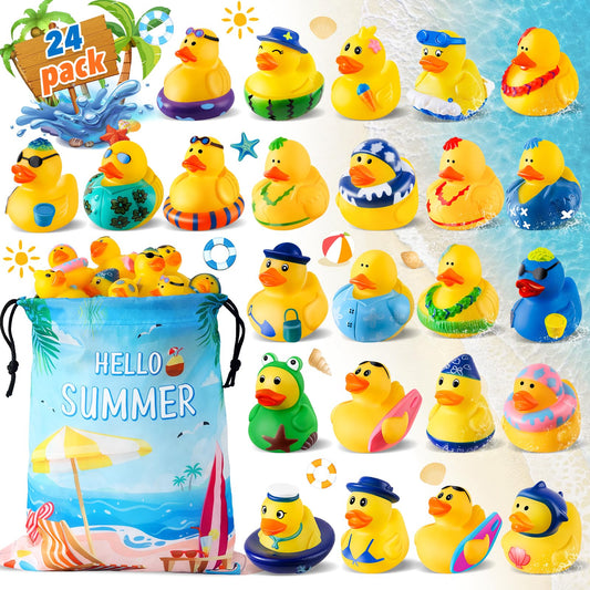 24 Pcs Summer Rubber Ducks with a Bag, Ducks for Jeeps, Assorted Beach Toys for Duckies Games, Summer Prizes Holiday Party Favors, Bath Cruise Toys, Water Pool Toys for Baby Toddler Kids