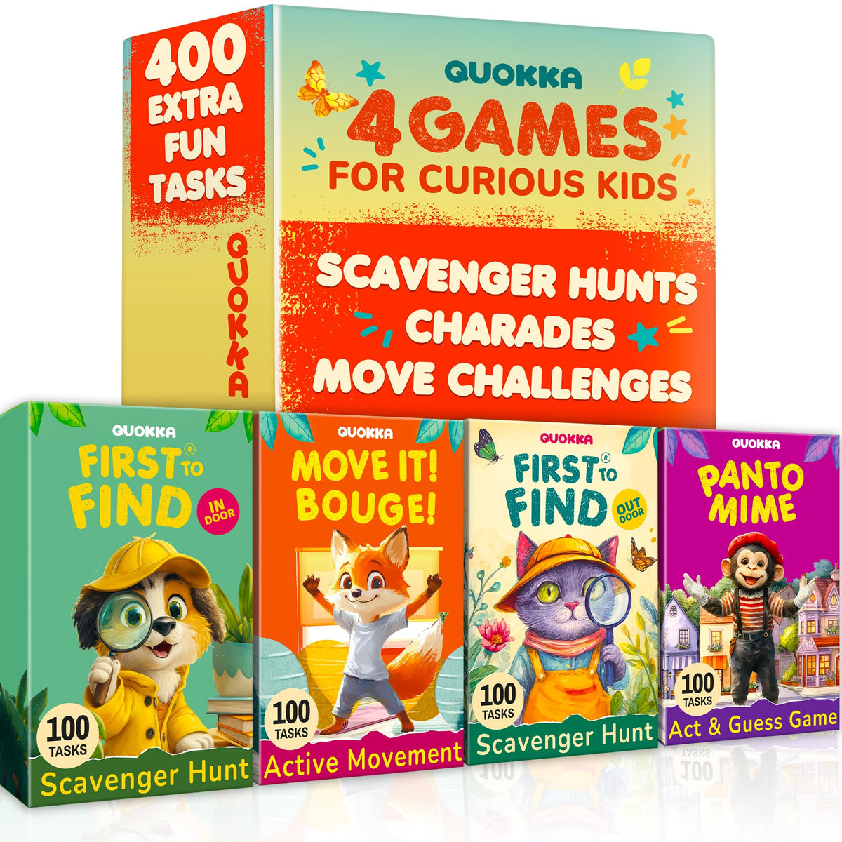 QUOKKA Kids Card Game Set Ages 4+ – 4 Games in 1 Box, 400 Creative Tasks, Scavenger Hunt for Kids, Charades & Animal-Themed Active Movement Indoor and Outdoor Games