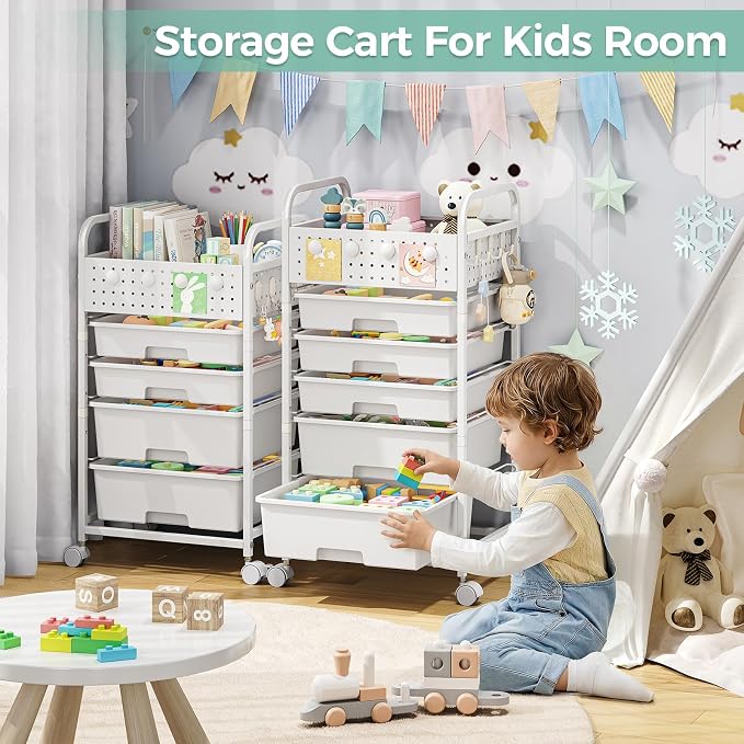 5 Drawer Rolling Storage Cart with Pegboard Top and Hooks, Mobile Utility Organizer with Wheels for Office Supplies, Craft Storage, Classroom Organization, Home Storage Cart, White