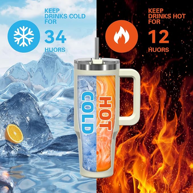 40 oz Tumbler with Handle,Tumbler with Lid and Straw,Double Wall Insulated Cup Stainless Steel Travel Mug(Cold for 34 Hours),Water Bottle for Iced Tea,Coffee,Cold Beverages(Cream White)