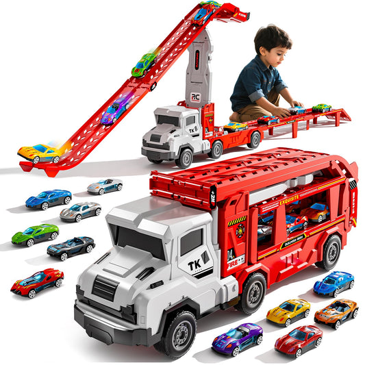 Novaluki Truck Toys for Kids, Transport Vehicle with 12 Die-Cast Car, Double Race Car Track Cars Ramp Toy, Carrier Truck for Toddler 3-5, Christmas Birthday Gift for 3 4 5 6 7 8 Years Old Boys Girls