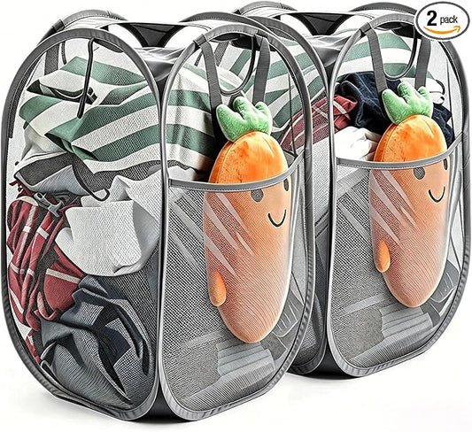 HOUSE AGAIN 2 Pcs Pop Up Laundry Hamper, Strong Mesh Laundry Baskets Collapsible, Hamper with Handles and Side Pocket, Portable Foldable Dirty Clothes for Dorm, Laundry room and Travel Storage, Grey