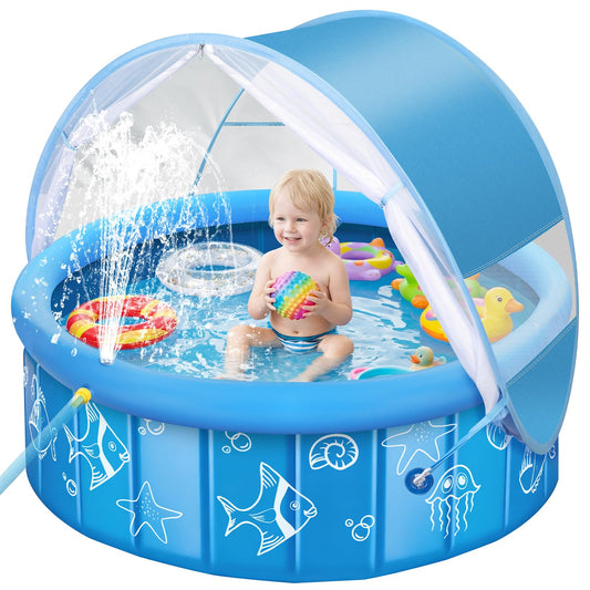 Upgraded Baby Pool with Canopy Sprinkler, 47in Foldable Kiddie Pool with Pop Up Mosquito Net, Baby Beach Tent with Sun Shade Canopy, Portable Toddler Kids Small Pool for Backyard Beach Outdoor