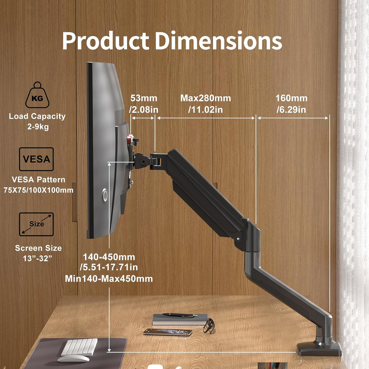 suptek 13-32 inch, 4.4-19.8lbs, 75x75/100x100mm Single Monitor Arm Mount for Adjustable Gas Spring Monitor Arm Desk