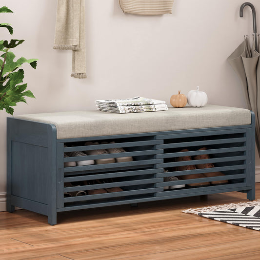 Ball & Cast Entryway Storage Bench with Shutter Doors, 43.3" Wooden Shoes Organizer, Modern Movable Upholstered Seat Entryway Shoe Rack Cabinet for Hallway Living Room, Navy Blue