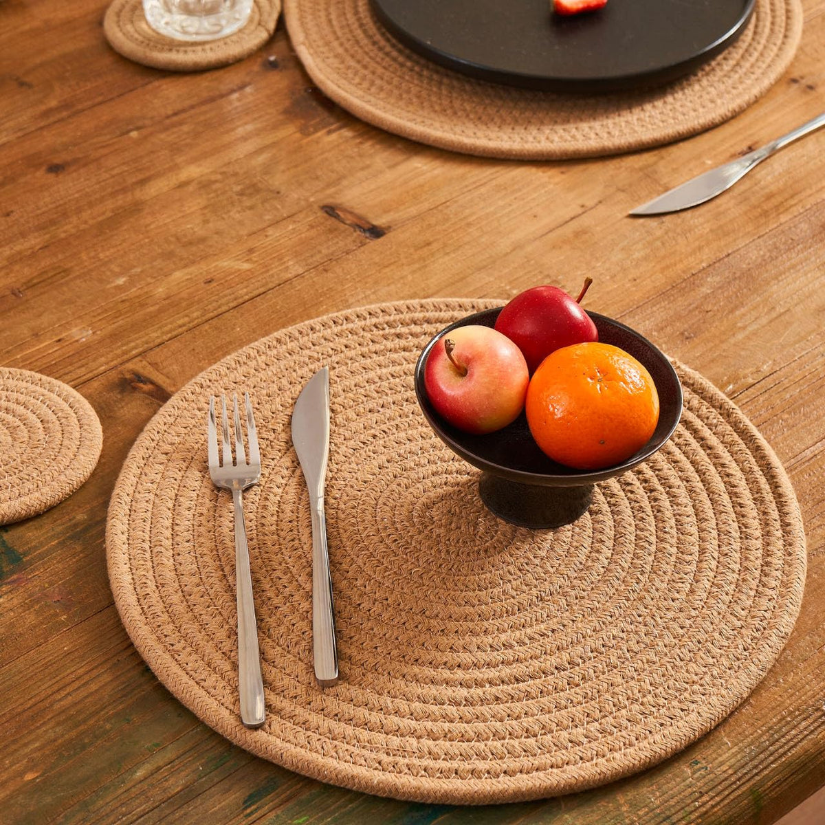 Art PineCone's Woven Cotton Rope Round Placemats Set of 4 with Holder Included, Non-Slip, and Heat Resistant Shabby Chic Placemats (Caramel, 13 inch Plus Coaster)
