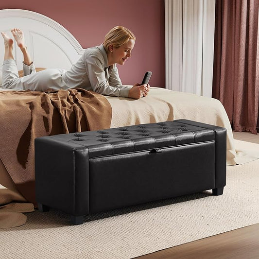 GRAINELL Storage Ottoman Bench, Upholstered Tufted Bedroom Bench with Storage, End of Bed Storage Bench for Living Room & Entryway, 350 lb Capacity, Leather Black