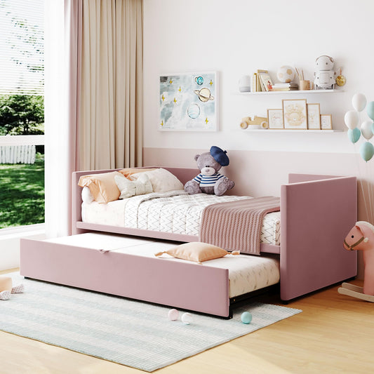 Brisca Twin Velvet Upholstered Daybed with Pop Up Trundle,Extendable Wooden Bed Frame,W/Backrest and Armrests, King-Size,for Living Room Apartment,Pink