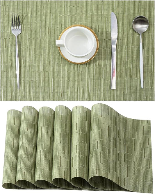 Leetaltree Pea Green Placemats Set of 6 - Heat Resistant Non-Slip Place mats for Dining Table, Washable Durable PVC Vinyl Woven Table Matsï¼Pea Green, 6ï¼