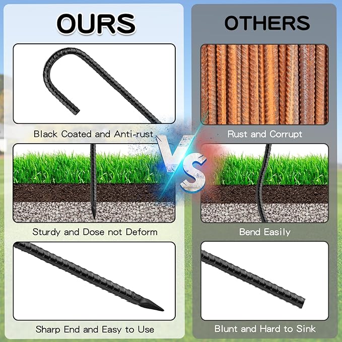 Black Rebar Stakes 12inx6mm Galvanized J Hook 12pcs – Heavy Duty Ground Tent Stakes for Fence,Bounce House,Outdoor Plants,Artificial Turf,Dog Coop,Metal Stakes for Christmas Decorations