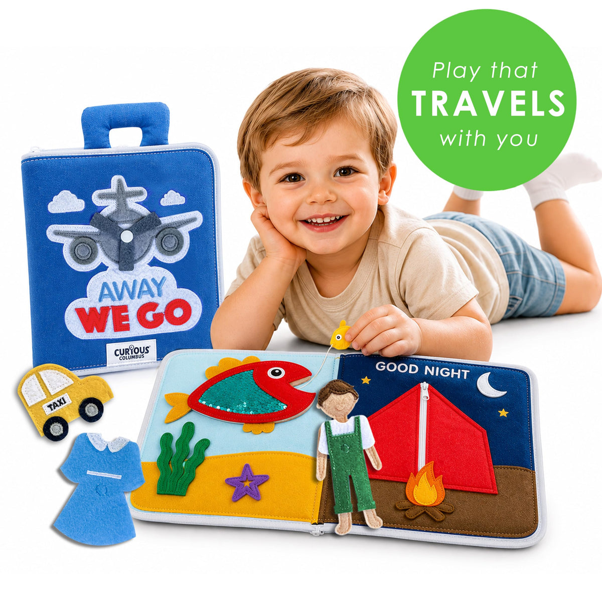 Curious Columbus Quiet Book – Away We Go Busy Book for Kids, Montessori Airplane Travel Toy for Preschool and Early Learning