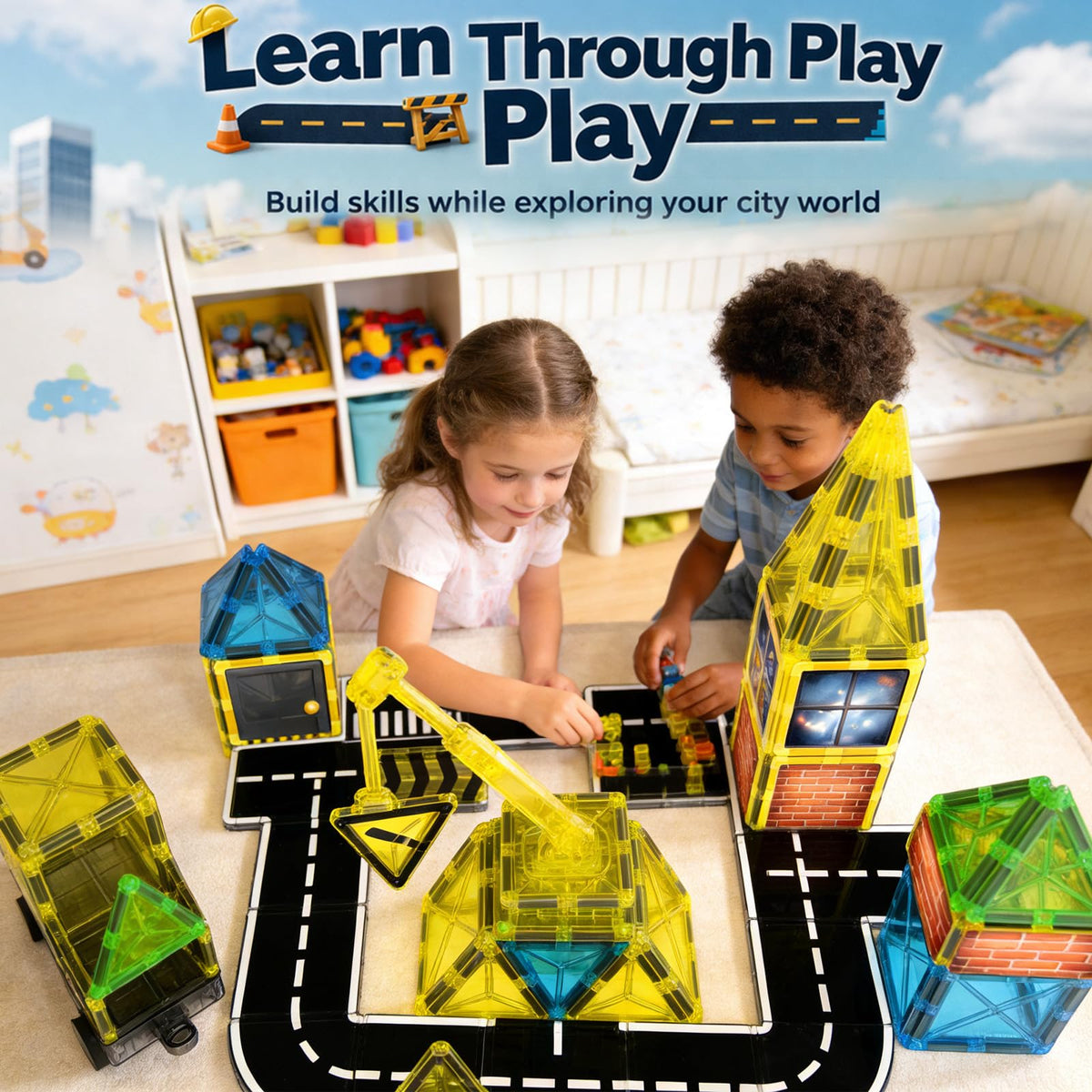 LATI Construction Magnetic Tiles City Set for Kids, Double-Sided Day & Night Building Blocks with Crane, Roads, Traffic Signs & Construction Vehicles, STEM Learning Toy for Boys & Girls Ages 3+