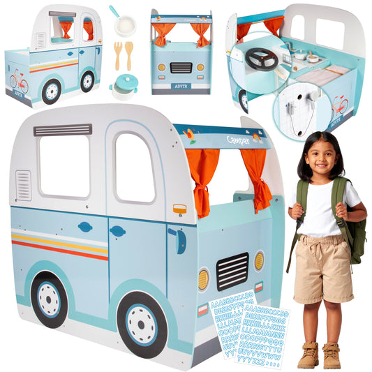 Wooden Play Camper Van Toy Playset w Steering Wheel, Kitchen, Stove, Oven, Bed, Pillow, Pretend Shower, Curtains, Personalization Stickers- Indoor Retro Car Camping, Travel RV Adventure- Ages 3+ Gift