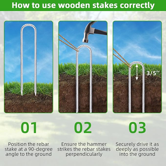 Trampoline Stakes Anchors High Wind 12inx6mm Galvanized U Hook 8pcs Rebar Stakes – Heavy Duty Ground Anchors for Trampoline,Yard & Inflatable,Landscape Metal Stakes for Outdoor Decorations