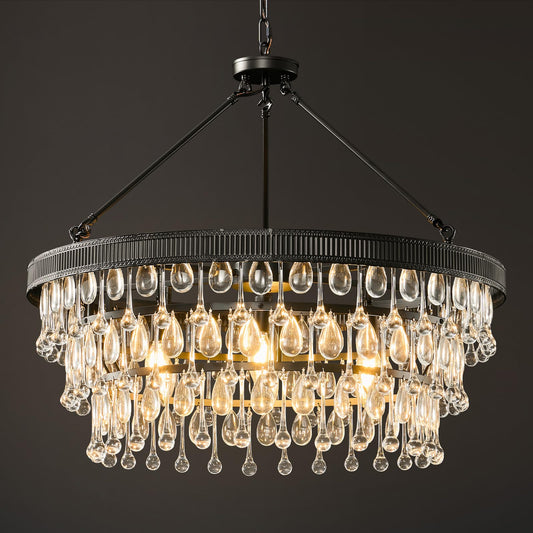 Black Modern Raindrop Crystal Chandelier: 28" Round K9 Crystals Contemporary Chandeliers for Dining Room Lights over Table - Adjustable Large Light Chandelier for Bedroom Living Kitchen Entryway Foyer